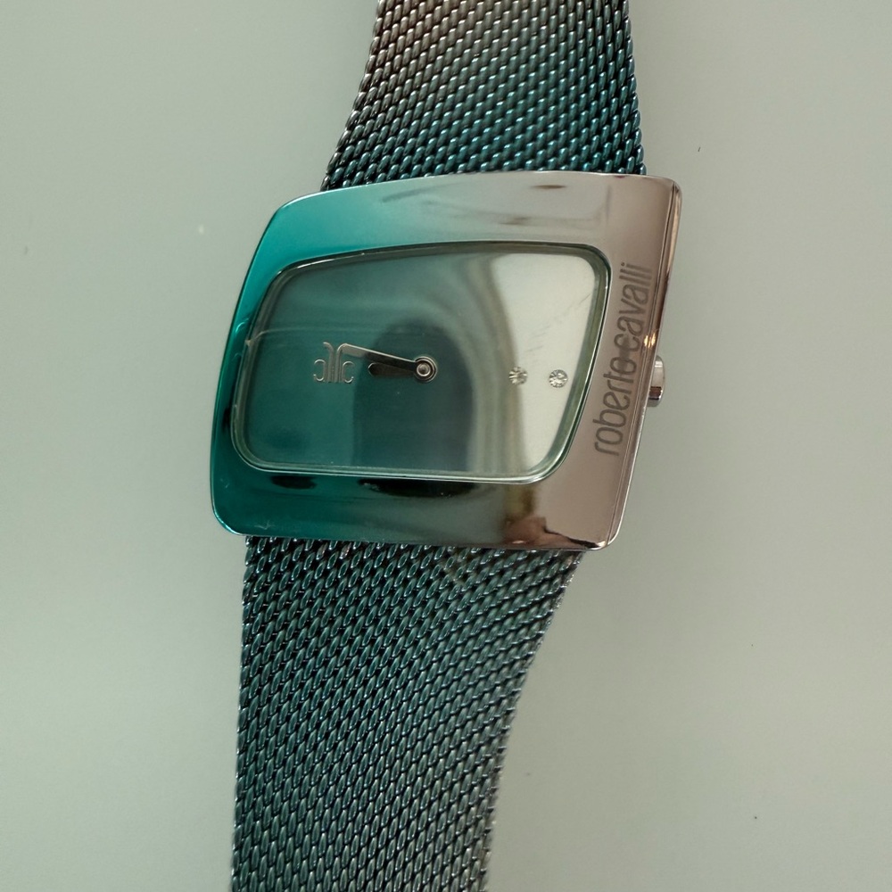 Roberto Cavalli Silver and Blue Mesh Timepiece